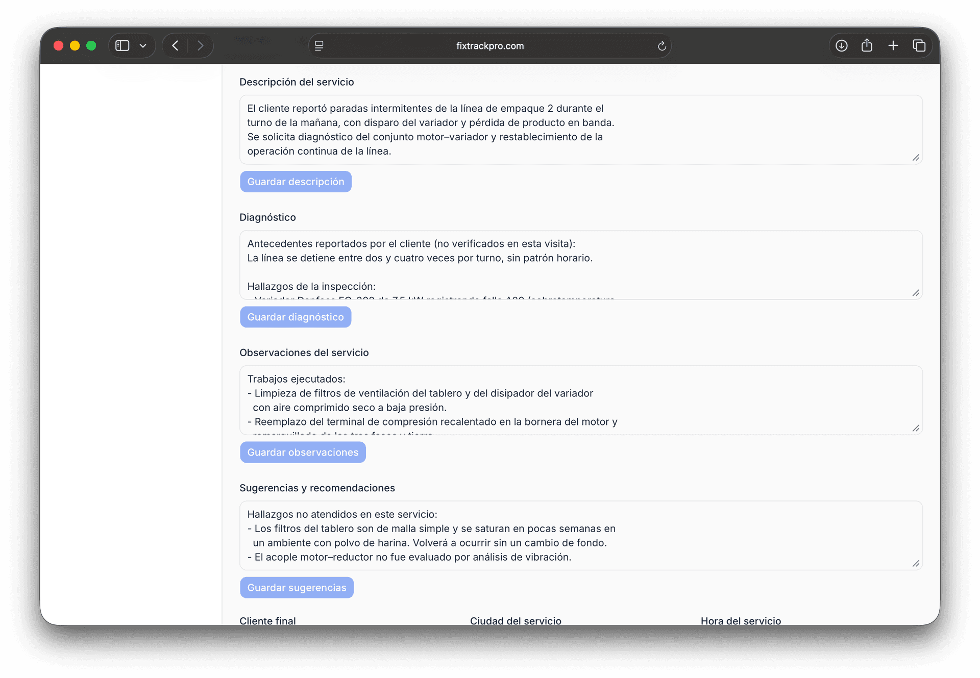 Orden de servicio con los campos de descripción, diagnóstico, observaciones y recomendaciones llenos para una falla en una línea de empaque.